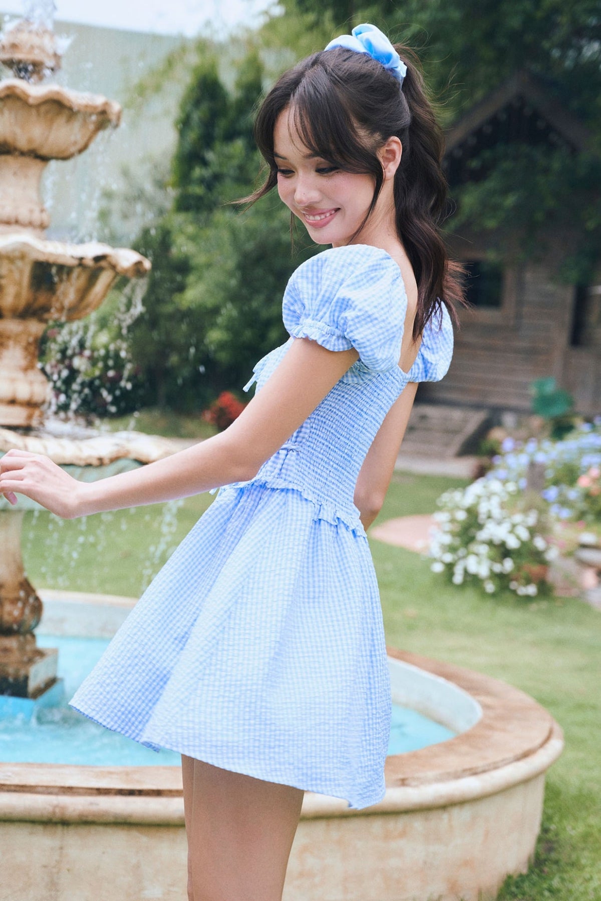 海藍格仔縮褶短連身裙 Dottie D0739 商品圖 2
