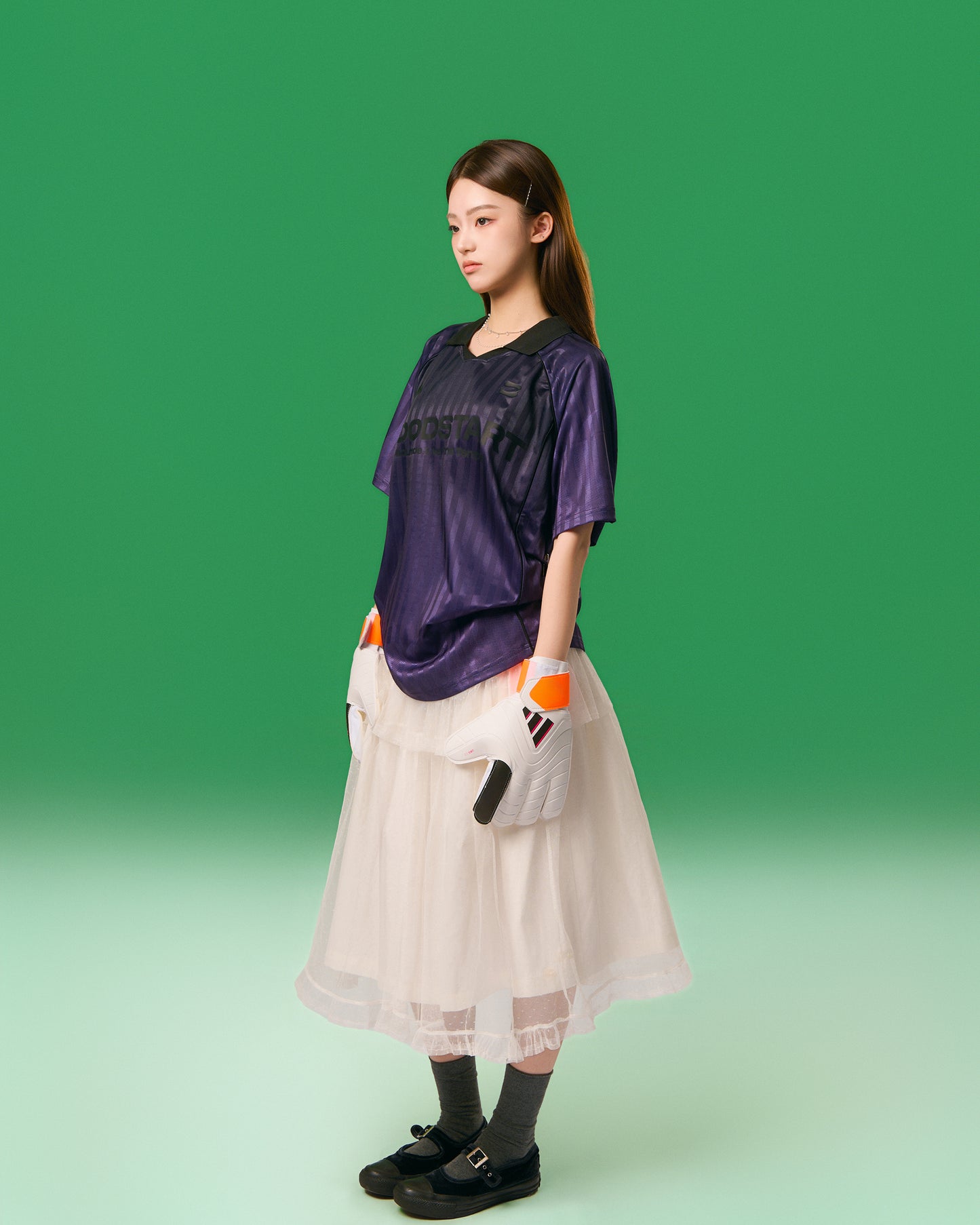 Tulle-midi-skirt 米白色 模特造型 3