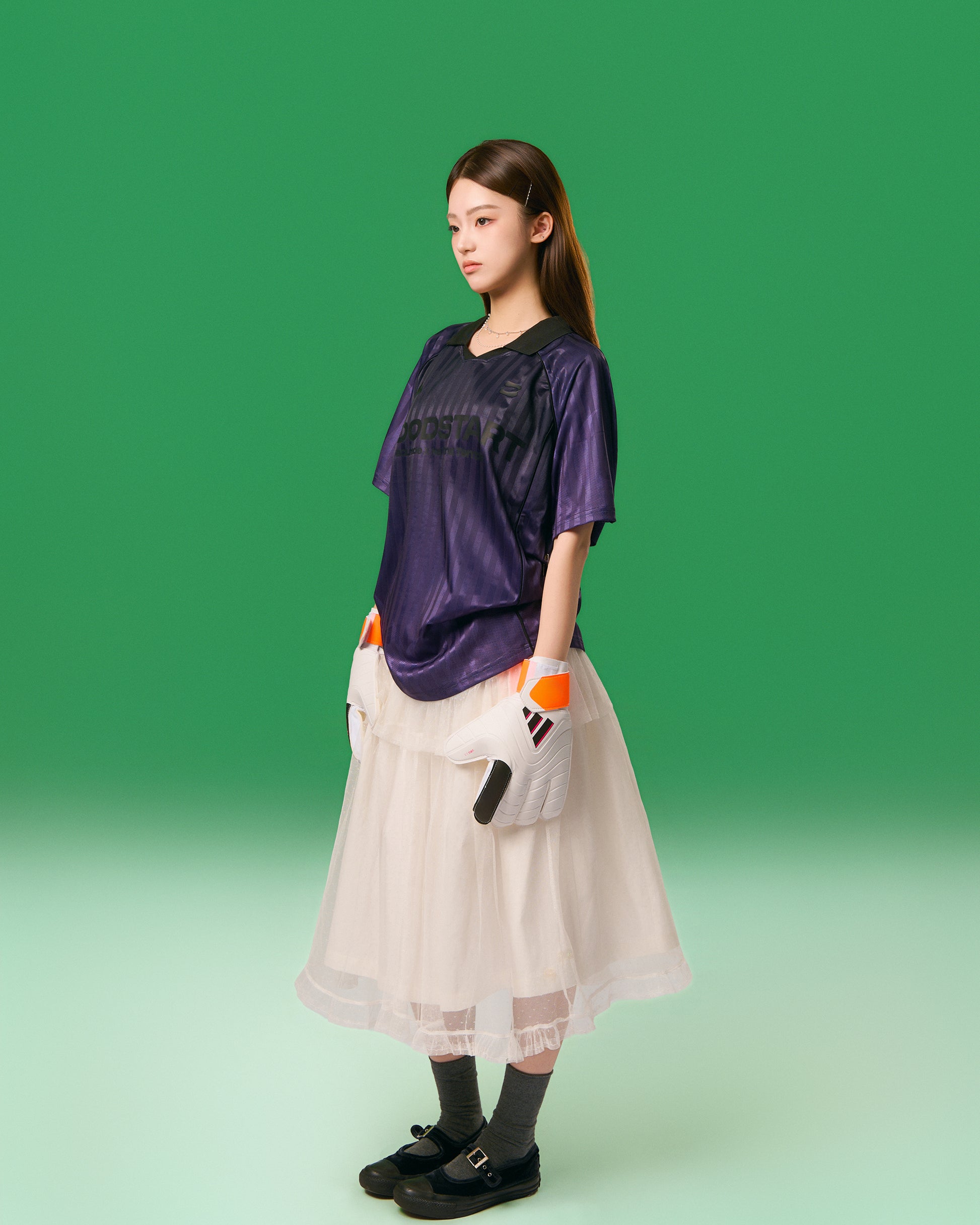 Tulle-midi-skirt 米白色 模特造型 3