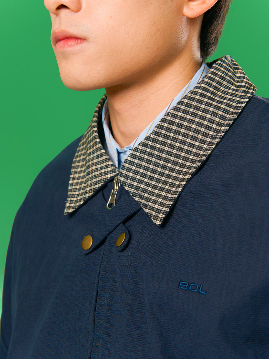 福德祠雙面 Harrington 外套 navy 上身特寫