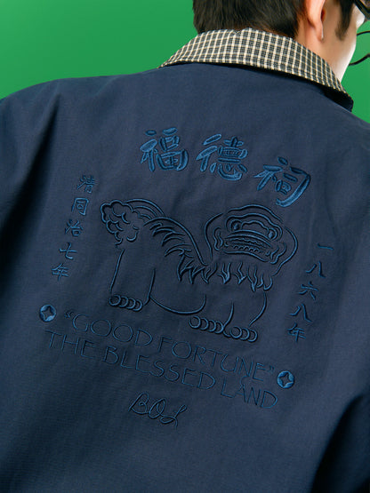 福德祠雙面 Harrington 外套 navy 細節（背面福德祠刺繡）