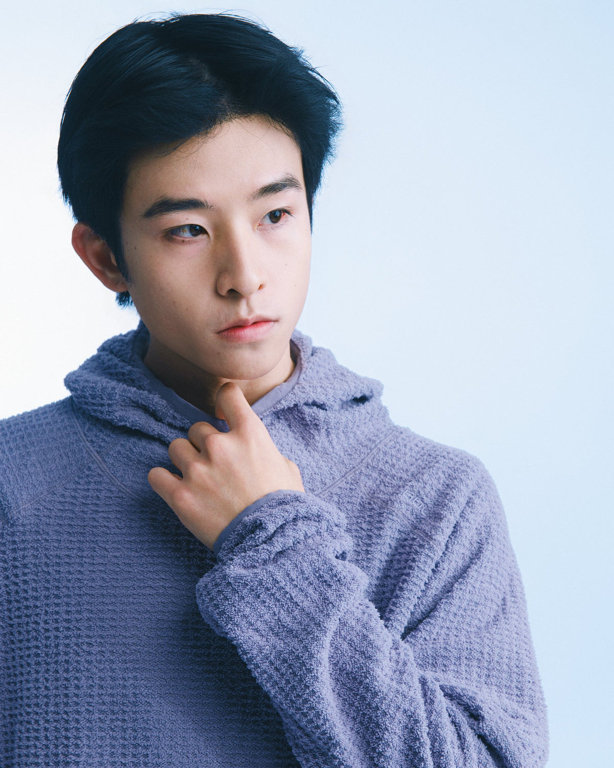 華夫格高領連帽衫（淡紫） Waffle Knit Hoodie｜模特半身