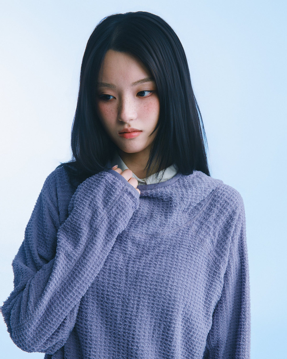 華夫格高領連帽衫（淡紫） Waffle Knit Hoodie｜模特半身