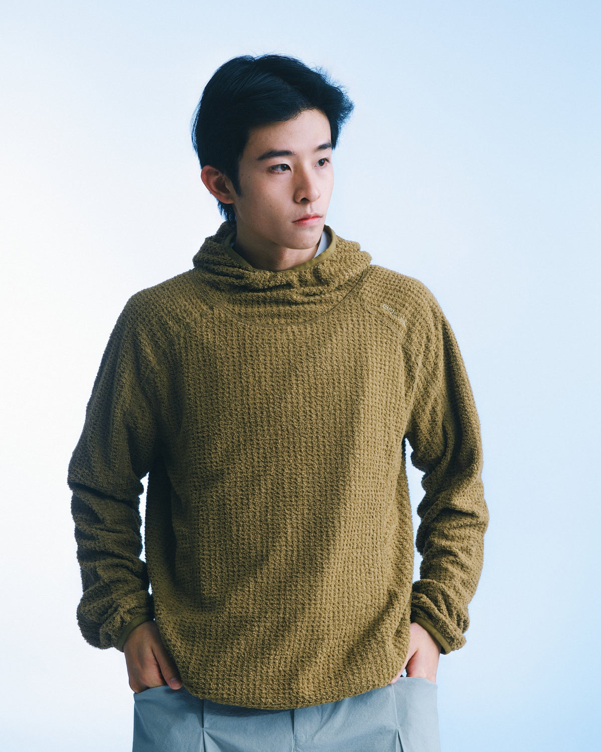 華夫格高領連帽衫（橄欖綠） Waffle Knit Hoodie｜主圖