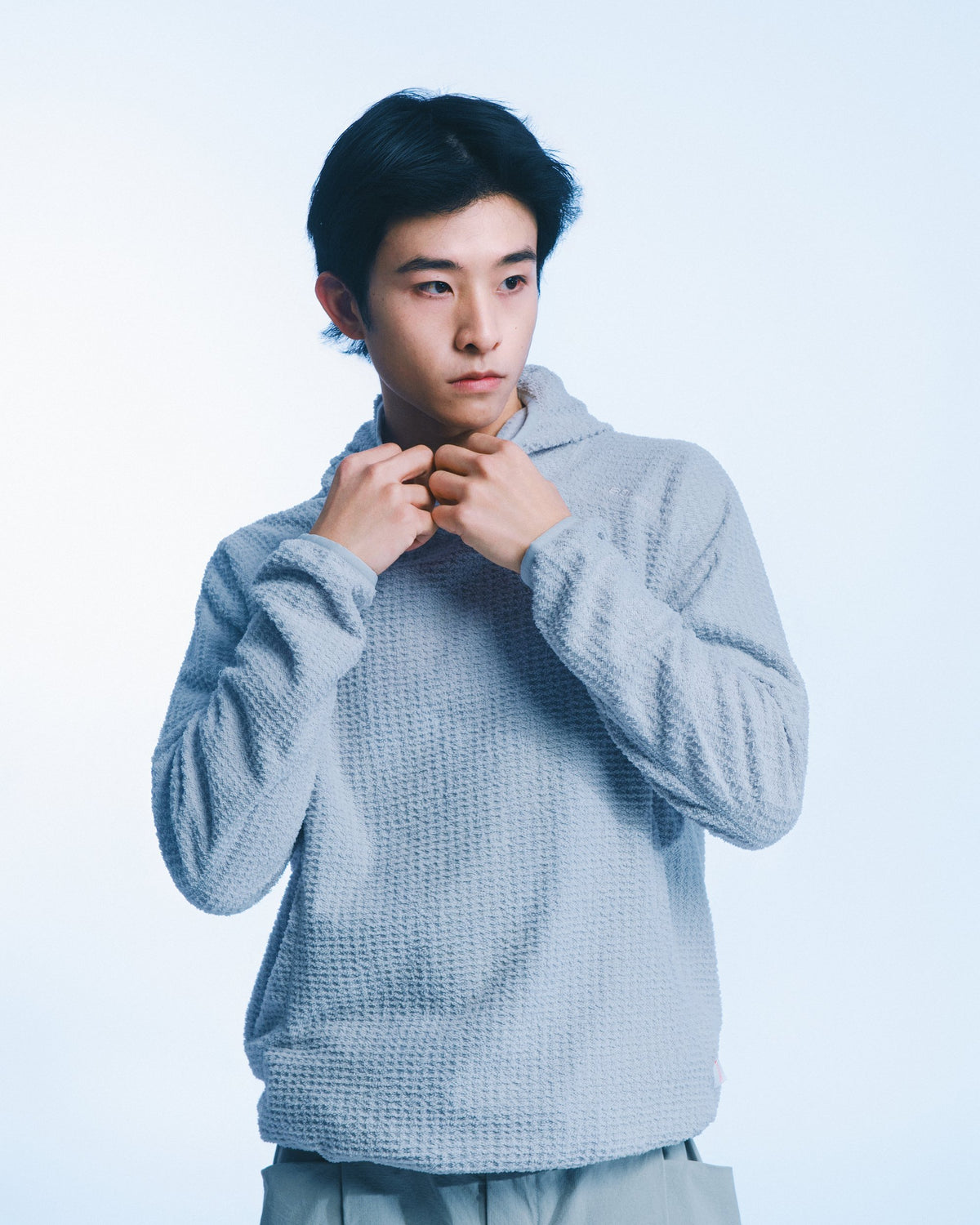 華夫格高領連帽衫（淺灰） Waffle Knit Hoodie｜主圖