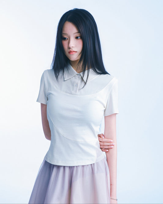 網紗拼接短版 Polo（米白） Mesh Inset Polo｜模特半身